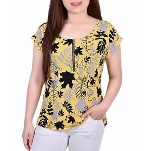 NY Collection Women's Short Short Sleeve Zip Top Leaf Print Blouse Size S